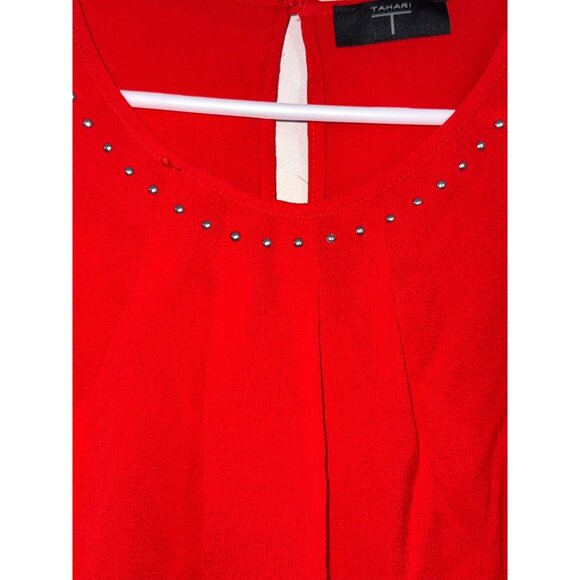 Tahari Red Short Sleeve Blouse With Studded Neckline & Sleeves S - Picture 2 of 11
